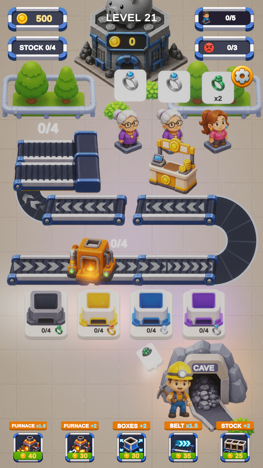 Three customers waiting along the belt with their orders shown above them.