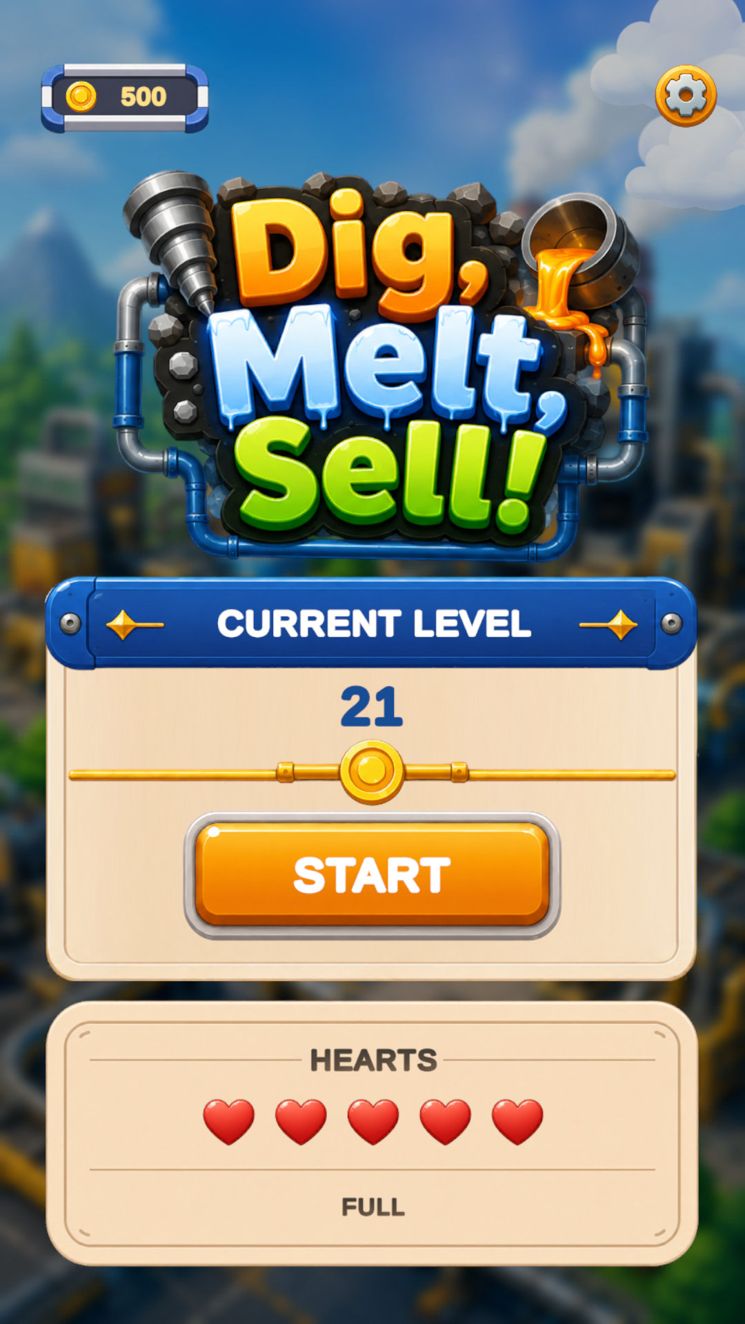 The main menu of Dig, Melt, Sell!