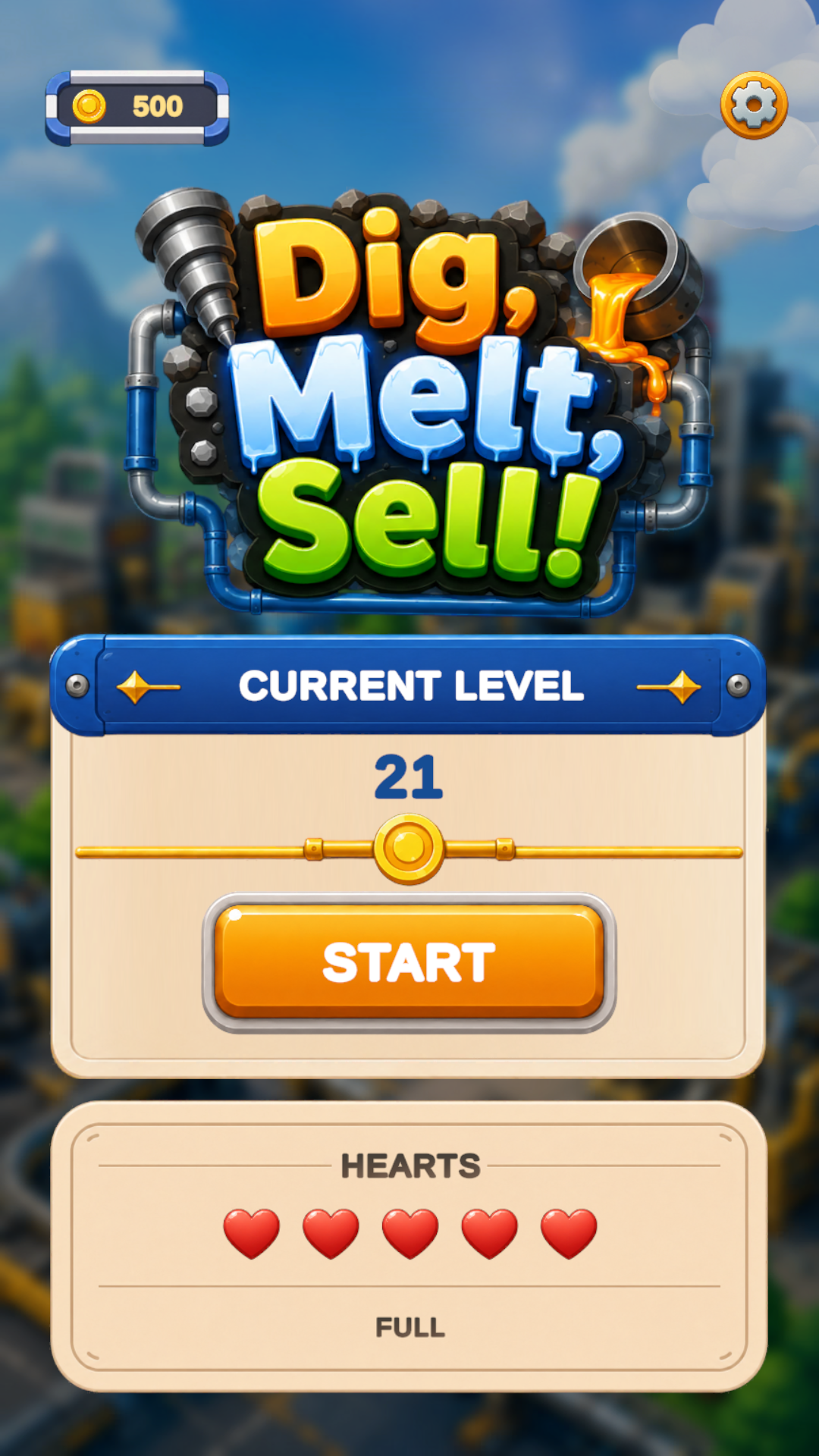 The main menu of Dig, Melt, Sell!